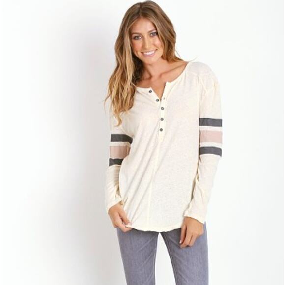 We The Free People Game Time Henley Top Long Sleeve Large Lavender Arm Stripes - Picture 3 of 14